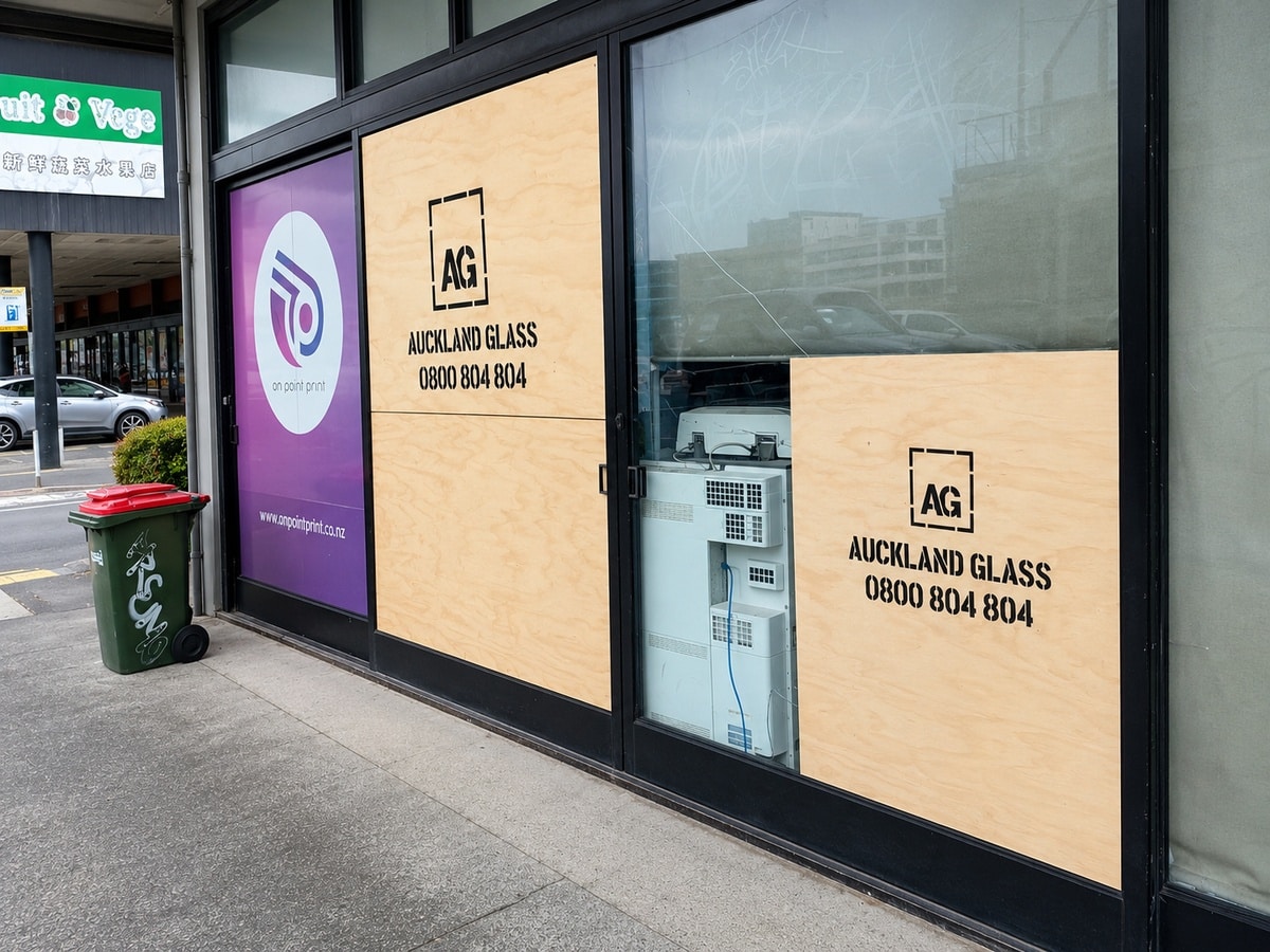 Emergency board-up before new glass installation